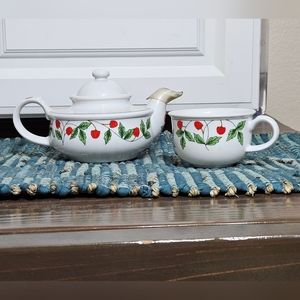 Vintage Porcelain Strawberry Tea for One Teapot with Cup